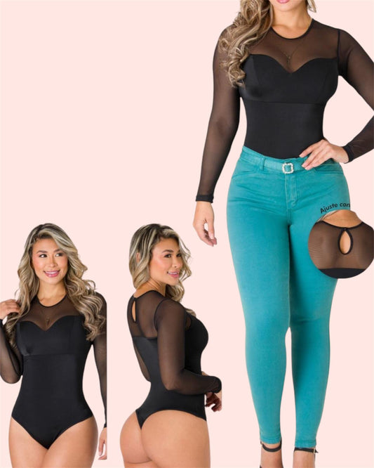 Sheer Long-Sleeve Heart Neckline Bodysuit