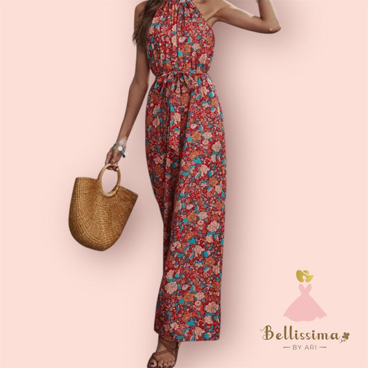 HALTER, SLEEVELESS, WAIST TIGHT, WIDE - LEG JUMPSUIT - Bellissima by Ari LLC.