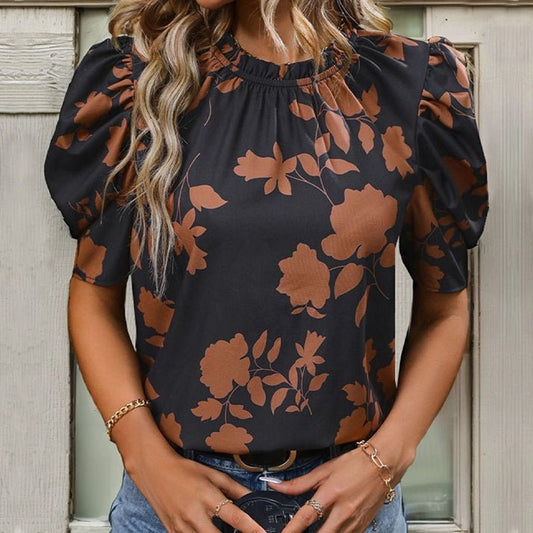 PUFF Sleeve Printed Crew Neck Shirt Top - Bellissima by Ari LLC.